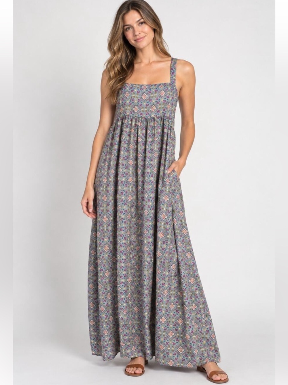 Natural Life Patti Sleeveless Side Slit Maxi Dress Medium Boho Floral Pink Flowy